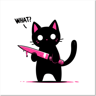 Cat what? Murderous Black Cat with knife Posters and Art